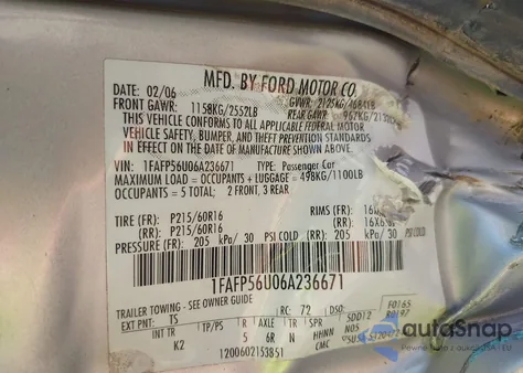 2006 Ford Taurus Sel from USA, damaged, VIN 1FAFP56U06A236671